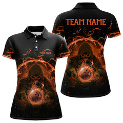 Maxcorners Mens bowling polo, 1/4 zip shirts Custom orange flame skull bowling team jerseys, gift for Bowlers MT0609
