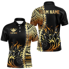Maxcorners Custom Black And Gold Flame tribal pattern Bowling Team Polo, 1/4 Zip Shirts For Men, Bowling Jerseys MT1706