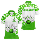 Maxcorners Green And White Shamrock Pattern Bowling Shirts For Men Custom St Patrick Day Bowling Team Jerseys