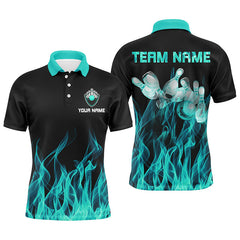 Maxcorners Personalized Polo Bowling Shirt Turquoise Flame Bowling Ball Pins Bowling Jerseys For Men And Women Bowler
