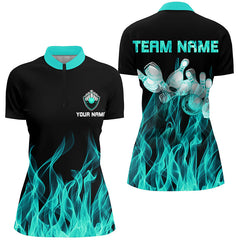 Maxcorners Personalized Polo Bowling Shirt Turquoise Flame Bowling Ball Pins Bowling Jerseys For Men And Women Bowler