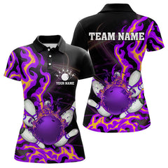 Maxcorners Purple Flame Fire Bowling Polo Shirts For Men And Women Custom Bowling Team Shirts, Gift For Bowler
