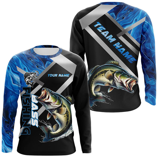 Maxcorners Personalized blue camo Largemouth Bass Long Sleeve Fishing Shirts, Bass Tournament Fishing Jerseys MT2108