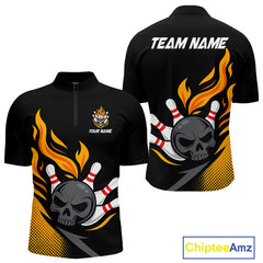 Maxcorners Custom Black and Yellow Flame Skull Bowling shirts for Men, bowling team league jerseys with Name LM1307
