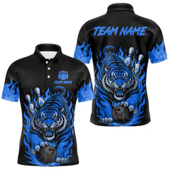 Maxcorners Black and Blue Flame Tiger Bowling Polo, 1/4 Zip Shirts for Men Custom Team Tiger Bowling Jersey