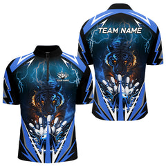 Maxcorners Blue Lightning Thunder Tiger Mens Bowling Polo, Quarter Zip Shirts Custom Bowler Jersey Bowling Outfit LM123