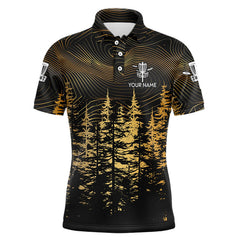 Maxcorners Black and Gold Forest Mens disc golf polo shirts custom disc golf apparel, best gifts for disc golfers MT0510