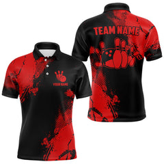 Maxcorners Black And Red Retro Mens Bowling Polo, Quarter Zip Shirts Custom Team Bowling Jerseys Mens And Women Outfit