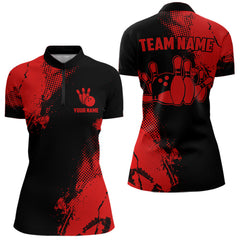 Maxcorners Black And Red Retro Mens Bowling Polo, Quarter Zip Shirts Custom Team Bowling Jerseys Mens And Women Outfit