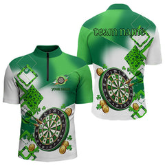 Maxcorners Green Shamrock Mens Darts Polo, Quarter Zip Shirts Custom St Patrick Day Team League Darts Jersey