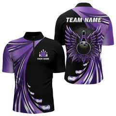 Maxcorners Black And Purple Bowling Ball And Pins Wings Bowling Shirts For Men Custom Team Bowling Jerseys