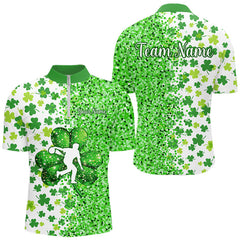 Maxcorners Green Glitter Shamrock Clover Bowling Shirts For Men Custom St Patrick Day Bowling Team Jerseys