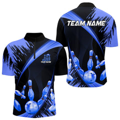 Maxcorners Personalized Black And Blue Bowling Polo, Quarter Zip Shirts For Mens Custom Bowling Team Jersey Lm173