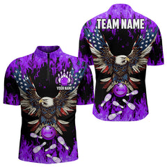 Maxcorners Purple Flame Mens Bowling Shirts Custom American Flag Eagle Team Bowling Shirts, Gift For Bowlers
