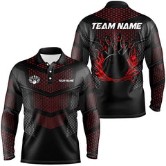 Maxcorners Bowling And Pins Black And Red Strike Customized Name, Team Name 3D Polo Shirt