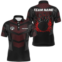 Maxcorners Bowling And Pins Black And Red Strike Customized Name, Team Name 3D Polo Shirt