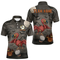 Maxcorners Funny Halloween Flamingo Pumpkin Golf Polo Shirt For Men Custom Halloween Mens Golf Tops LM1809