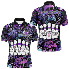 Maxcorners Custom Purple graffiti pattern Funny Bowling Polo, Quarter Zip Shirts For Men, Team Bowling Jersey TU1711