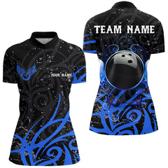 Maxcorners Black And Blue Camo Bowling Polo, Quarter Zip Shirts For Men Custom Team Bowling Jersey Bowlers Outf