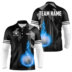 Maxcorners Black And White Blue Flame Golf Ball Mens Golf Polo Shirt Custom Team Mens Golf Apparel, Golfing Gifts