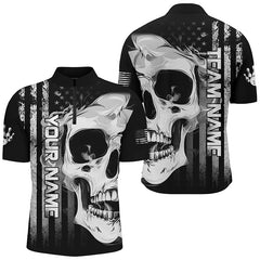 Maxcorners Bowling And Pins Skull American Flag Bowler Jerseys Customized Name, Team Name 3D Polo Shirt