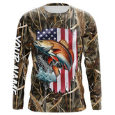 Maxcorners American flag Redfish fishing camo Customize Name long sleeves fishing shirt for men LM0501