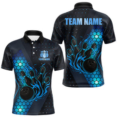 Maxcorners Black and Blue Flame Bowling Polo, 1/4 Zip Shirts for Men Custom Bowling Team Jersey Bowler Outfit LM2110