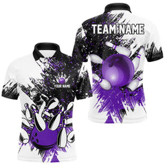 Maxcorners Black & White Men Bowling Polo, Quarter Zip Shirt Custom bowling jersey, mens bowling outfit | Purple LM2512
