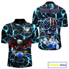 Maxcorners American Flag Eagle Skull Blue Lightning Thunder Mens Bowling Shirts Custom Bowling Team Jersey LM2509