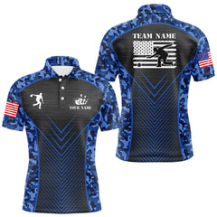 Maxcorners Mens Bowling Polo, Quarter Zip Shirts Custom blue camo American flag team bowling League Jerseys LM2011