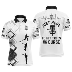 Maxcorners Black white Mens disc golf polo shirt custom name Just here to hit trees and curse, disc golf shirts MT0510