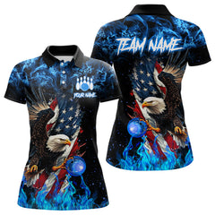 Maxcorners Blue Flame American Flag Eagle Bowling Shirts For Men & Women Custom Bowling Team Jersey, Gift For Bowler