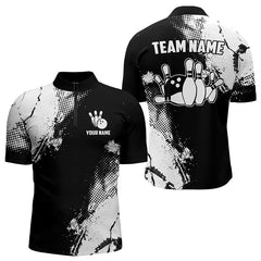 Maxcorners Black and White Retro Mens Bowling Polo, Quarter Zip shirts Custom team bowling jerseys mens outfit