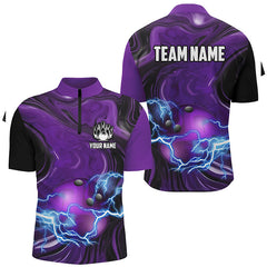 Maxcorners Bowling Ball And Pins Purple Camo Lightning Thunder Customized Name, Team Name 3D Polo Shirt Unisex