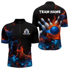 Maxcorners Blue and Orange Flame Bowling Polo, Quarter Zip Shirts for Men Custom Team bowling outfit uniform LM1625
