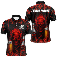 Maxcorners Red Skull and Beer Bowling shirts with flames Custom Bowling Polo, 1/4 Zip bowling outfits for men TU2310