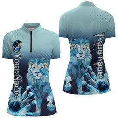 Maxcorners Blue Lightning Lion Bowling Polo, Quarter Zip Shirts for Women Custom Lion Bowling Team jerseys