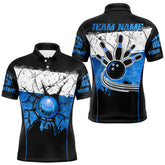Maxcorners Black, White and Blue Retro broken Bowling ball Polo, 1/4 Zip Shirt For Men Custom Bowling Team Shirts LM263