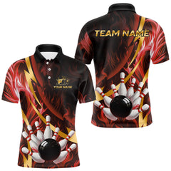 Maxcorners Personalized Bowling Polo, Quarter Zip Shirts for Men Custom Red Flame and Gold Bowling Team Jersey TU2511