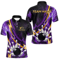 Maxcorners Personalized Bowling Polo, Quarter Zip Shirt for Men Custom Purple Flame and Gold Bowling Team Jersey TU2511
