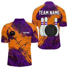 Maxcorners Orange & Purple Grunge Camo Heartbeat Bowling Polo, 1/4 Zip Shirt For Men Custom Bowling Team JerseyMT0306