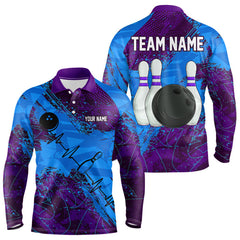 Maxcorners Blue and Purple Grunge Camo Heartbeat Bowling Polo, 1/4 Zip Shirt For Men Custom Bowling Team JerseyMT0306