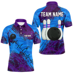 Maxcorners Blue and Purple Grunge Camo Heartbeat Bowling Polo, 1/4 Zip Shirt For Men Custom Bowling Team JerseyMT0306