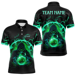 Maxcorners Black And Green Flame Skull Bowling Polo, Quarter Zip Shirt For Men Custom Skull Bowling Team Jerseys