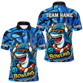 Maxcorners Funny Blue Camo Shark Men Bowling Polo, Quarter Zip Shirts Custom Team Shark Bowling Outfit Jersey