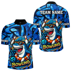 Maxcorners Funny Blue Camo Shark Men Bowling Polo, Quarter Zip Shirts Custom Team Shark Bowling Outfit Jersey