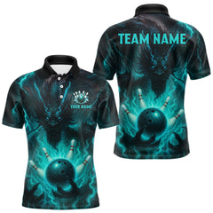 Maxcorners Personalized Black and Turquoise Flame Lightning Dragon Bowling Shirts For Men, Team Bowling Jerseys LM2711