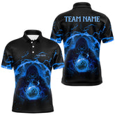 Maxcorners Mens bowling polo, 1/4 zip shirts Custom blue flame skull bowling team jerseys, gift for Bowlers LM0706