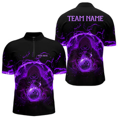 Maxcorners Mens bowling polo, 1/4 zip shirts Custom purple flame skull bowling team jerseys, gift for Bowlers LM0706