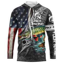 Maxcorners Northern Pike Fishing American Flag patriotic Customize name Long Sleeve Fishing Shirts LM0501